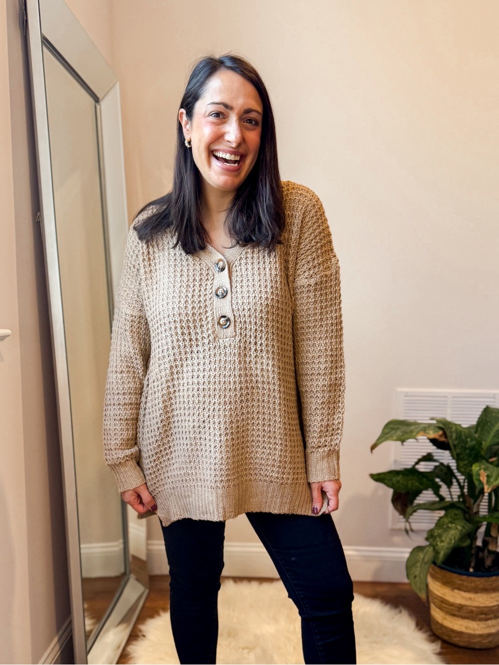 Cupshe Beige Waffle-Knit V-Neck Henley Sweater